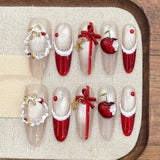 Daiiibabyyy  10pcs Cat's Eye Red Handmade False Nail Tips Bow Lines Design Long Oval Nail Rhinestone Press on Nails Art Wearable Fake Nail