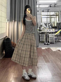 Daiiibabyyy  Vintage Plaid Skirt Women Preppy Style Harajuku Long Skirts Japanese Style Casual High Waist Maxi Skirts Streetwear