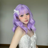 Daiiibabyyy  Lavender Purple Wavy Medium Wig Synthetic Hair Flat Bangs Cosplay Daily Party Costume Full Wigs for Women Girls