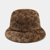 Daiiibabyyy  Women Autumn Winter Printed Plush Bucket Hat Vintage Floral Print Fluffy Hat Korean Warm Fisherman Hats