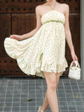 Daiiibabyyy  Summer French Prairie Chic Slash Neck Lace-up Polka Dot Print Bow Backless Short Dresses