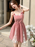 DAIIIBABYYY  -  Red Plaid Patchwork Lace A-Line Short Dress Women Elegant Bow Y2k Dress Summer Korean Fashion Bodycon Festival Party Dress