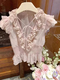 Daiiibabyyy  Kawaii Pink Shirts Women Cutecore Cropped Ruffles Chiffon Blouses Summer Ladies Fashion Korean Lace Up Flying Sleeve Tops