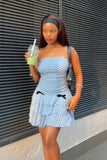 Daiiibabyyy  Sweet Light Blue Polka Dot Mini Dress Women Trendy Strapless Ruched Tiered Ruffle Bow Vestido Bridal Shower Date Night Gown