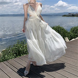 DAIIIBABYYY  -  Bohemian Fashion Women Holiday Camis Straps Long White Dress Sexy Hollow Waist Backless Deep V Neck Seaside Beach Fairy Dress