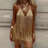 Daiiibabyyy  Sexy Backless A-line Dresses Tassel Slim Fit Summer Women's Evening Dress Elegant Sleeveless Hollowed Out Club Short Dress