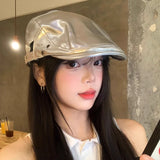 Daiiibabyyy  New Silver PU Leather Forward Hats for Women Spring and Autumn Travel Fashion Versatile Street Trend Yuppie Berets Cap Men