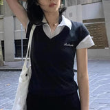 DAIIIBABYYY  -  Preppy Style Patchwork T-shirt Streetwear y2k Fake Two-piece Cropped Top Short Sleeve T-shirt Harajuku Women Summer Basic