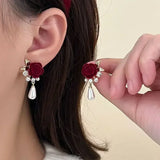 Daiiibabyyy  Wine Red Imitation Velvet Rose Pearl Earrings for Women Vintage Red Rose Elegant High-end Studs Earrings Jewelry Accessories