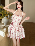 DAIIIBABYYY  -  Women Fashion Floral Bow Chic Neck-mounted Midi Dress Summer Elegant Ruffled Lolita Dress 2025 New Korean Bodycon Kawaii Dress