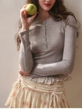 Daiiibabyyy  New French Style Double Layered Lace Hem Round Neck Slim Fit Design Printed Top Women Base Outer T-shirt