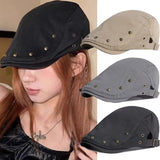 Daiiibabyyy  New Vintage Riveted Forward Caps Adjustable Street Style Beret Hat Soft Exquisite Black Gray Khaki Berets Charm Outdoor Activity