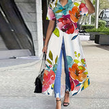 DAIIIBABYYY  -  Short Sleeve Single-Breasted Party Dress, Women Summer Print Patchwork Loose Maxi Dress, Turn-Down Collar Ladies Cardigan Dress