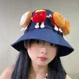 Daiiibabyyy  Breathable Sunscreen Basin Cap Adjustable French Fries Hamburger Fisherman Hat Plush Doll Lightweight Cartoon Sunshade Hat Kids