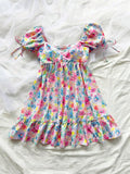 Daiiibabyyy  Women Summer Floral Print Bubble Sleeve Loose Fit A-Line Dress With Ruffles