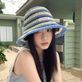 DAIIIBABYYY  -  Korean Fashion Contrasting Stripes Hollow Bucket Hats for Men and Women Summer Travel Sunscreen Versatile Leisure Basin Cap