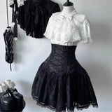 Daiiibabyyy  Cosplay Rhinestone Bow Japanese Gothic Style Skirt Set Women Sweet Lace Ruffles Shirt Slim Bandage Mini Skirt Lolita Y2k Outfits