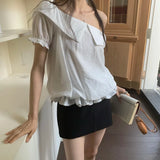DAIIIBABYYY  -  2025 Korean Chic Summer New Style Romantic Texture Temperament Off Shoulder Ruffle Edge Short Sleeved Shirt Top