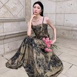 DAIIIBABYYY  -  Ink Wash Printed Suspender Half Skirt Set For Women With Retro Design Vest Paired With A-Line Large Hem Long Skirt Two-Piece Set
