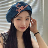 Daiiibabyyy Denim Bow Knot Sweet Summer Spring Berets Ladies Women Girls Fashion Trendy Outdoor Street Cap