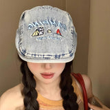 Daiiibabyyy  Cute Puppy Embroidery Washed Denim Forward Hat Men and Women Retro Big Head Short Brim Sunshade Flat Top Painter Cap Gorras