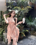 DAIIIBABYYY  -  Pure Sexy Sweet Hot Girl Chiffon Strap Dress Women's Summer Square Collar Backless Fairy Ruffled Short Dress Female Clothes