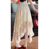 Daiiibabyyy  Irregular Sweet Lace Midi Skirt Women High Waisted Ruffled Pleated Skirt Preppy Style Summer Vacation Beach Tiered Cake Skirt