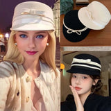 Daiiibabyyy  Vintage Looking Woolen Equestrian Hat Beret British Style Peaked Flat Cap Black Bow Horse Riding Formal Hat Performances