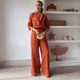 Daiiibabyyy  Casual Solid Shirt Pants Suit Women Fashion Lapel Single Breasted Loose Shirt Wide Leg Drawstring Trouser Spring Female Set