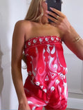 Daiiibabyyy  Women Abstract Print Satin 2 Piece Set Strapless Top High Waist Bodycon Shorts Sets Casual Summer Beach Vacation Casual Outfits