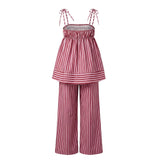 Daiiibabyyy  Women Summer Y2K Striped Pajamas Set Tie Shoulder Ruffle Tank Tops and Straight Pants 2 Piece Casual Vacation Beach Outfit
