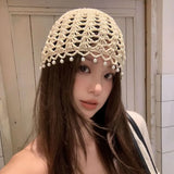 Daiiibabyyy  Casual Sweet Crochet Hollow Knitted Hat Beads Tassels Bohemian Style Knit Beanies Korean Handmade Weave Cap Outdoor
