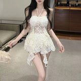 Daiiibabyyy  Stylish Lace Irregular Ribbon Hotsweet Shirts Summer Strapless Bow Female Clothing French Style Slim Vintage Hollow Out Blouse
