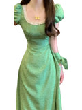 DAIIIBABYYY  -  French Bubble Sleeve Wave Point Green Dress For Women Summer New Seaside Vacation High Waist Temperament Long Style Dresses