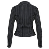 DAIIIBABYYY  -  Harajuku Striped Crop Top Women Casual Black Button Up Full Sleeve Turn-down Neck Blouse y2k Aesthetic Autumn Tee Shirts