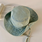 DAIIIBABYYY  -  Japanese High Quality Spring and Autumn Sunshade Bucket Hat Men and Women Big Head Outdoor Big Brim Windproof Lace-up Denim Cap