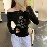DAIIIBABYYY  -  Y2k Aesthetics White Letter Print Vintage Tops 2025 Spring Harajuku Slim Fit Slash Neck T-shirt Streetwear Grunge Bodycon Tees