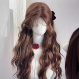Daiiibabyyy  Chestnut Brown Long Water Wave Synthetic Wig Curtain Bangs Sweet Women Daily Party Lolita Cosplay Dating Costume Hairpiece