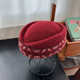 Daiiibabyyy  French Style Fair Isle Pattern Pillbox Hat Jacquard Elegant Fedora Hat Teardrop Fedoras Medicine Box Hat Masquerade Party