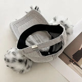 Daiiibabyyy  New Retro Leopard Print Leopard Print Pom Poms Ears Baseball Caps Women Washed Trendy Street Y2K Snapback Hat Cotton Sun Hats