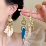 DAIIIBABYYY  -  Bohemian White Feather Tassel Dangling Earrings For Women Girls Vintage Ethnic Long Beaded Pendant Earrings Jewelry Gifts