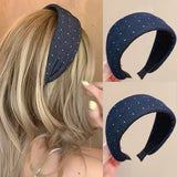 Daiiibabyyy  French Elegant Navy Blue Polka Dots Hair Bands for Women Retro Blue Polka Dot Wide Edge Headband Fashion Hairband Daily Wear