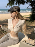 DAIIIBABYYY  -  American Hot Girl Hollow V-neck T-shirt for Women's Spring Long-sleeved Grey Slim Fit Sexy Short Top Fashion Female Clothes