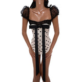 Daiiibabyyy  Polka Dots Print Sheer Mesh Patchwork Bow Ribbon Bodycon Mini Dress Women Elegant Strapless Puff Short Sleeve Party Clubwear