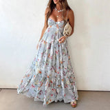 Daiiibabyyy  Sexy Low Cut Halter Floral Printed Dress Elegant Sleeveless Hollow Out Pleat Dress Summer New High Waist Backless Evening Dress