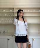 DAIIIBABYYY  -  2025 Korean Chic Summer New Style Romantic Texture Temperament Off Shoulder Ruffle Edge Short Sleeved Shirt Top
