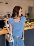 DAIIIBABYYY  -  Embroidered Heart-shaped Bubble Short Sleeve Knitted Sweater Women Summer New Sweet U-neck Elastic Slim Fit Top