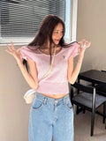 DAIIIBABYYY  -  Embroidered Heart-shaped Bubble Short Sleeve Knitted Sweater Women Summer New Sweet U-neck Elastic Slim Fit Top