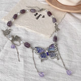Daiiibabyyy  Purple Necklace for Women Crystal Butterfly Tassels Fashion Punk Style Jewelry Sweet Vintage Collares Para Mujer