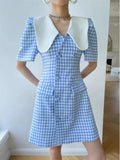 DAIIIBABYYY  -  Dress Summer Women 2025 New Trendy Ins Light Mature Age Reducing Doll Collar Small Blue Checkered Children Cute Sweet